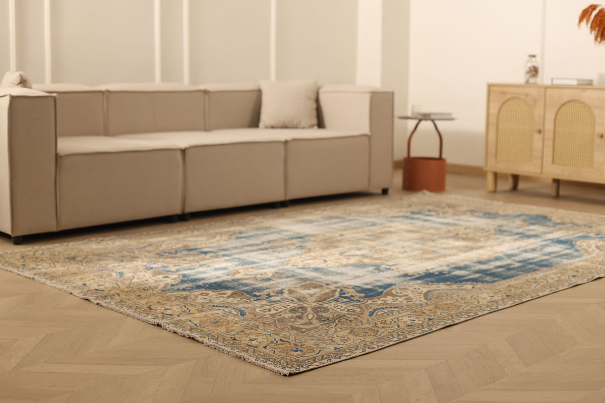 Vintage Isparta Turkish Area Rug 6x10 ft — Blue & Beige Distressed