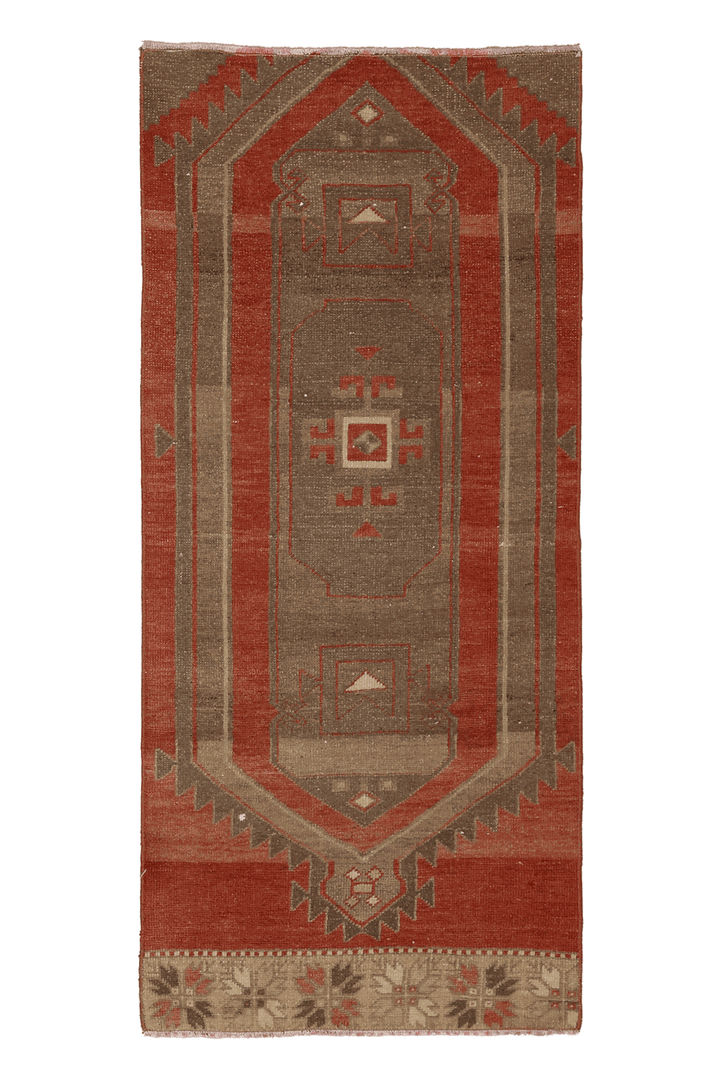 Vintage Malatya Turkish Area Rug 2x5 ft — Red & Brown Geometric