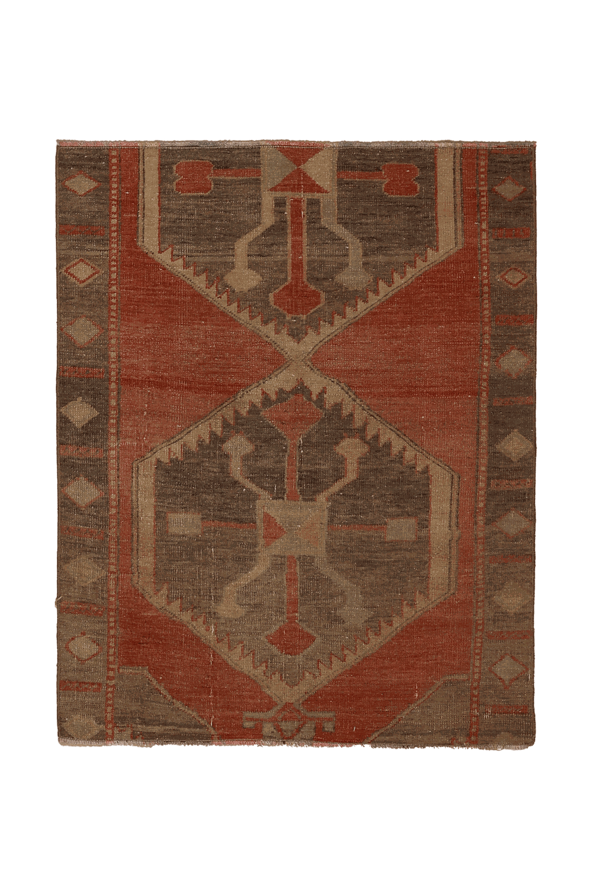 Vintage Malatya Turkish Doormat Rug 3x4 ft — Brown & Red Geometric