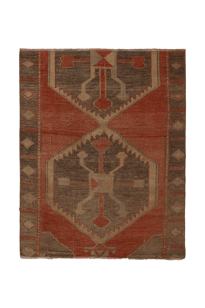 Vintage Malatya Turkish Doormat Rug 3x4 ft — Brown & Red Geometric
