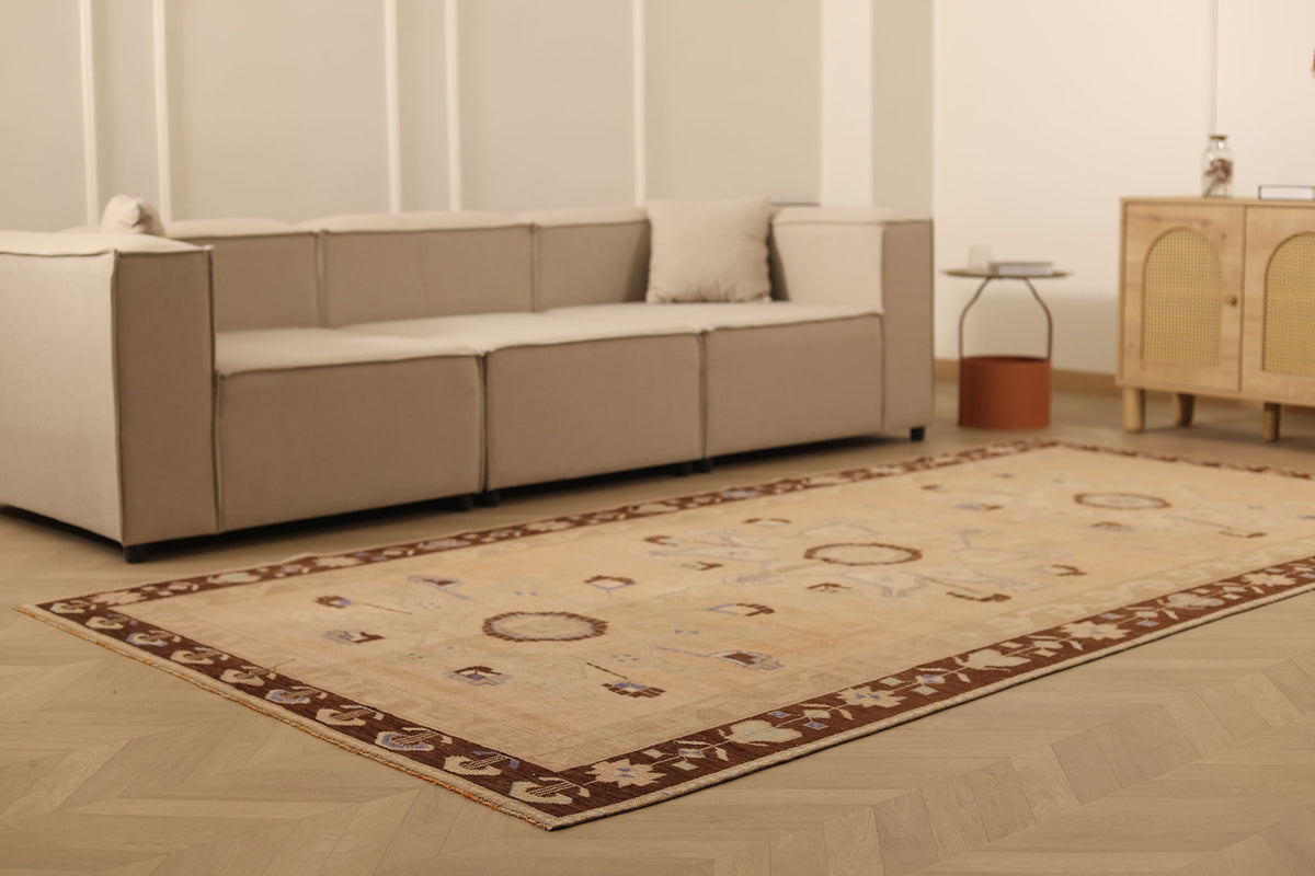 Vintage Malatya Turkish Runner Rug 5x10 ft — Beige & Brown Floral