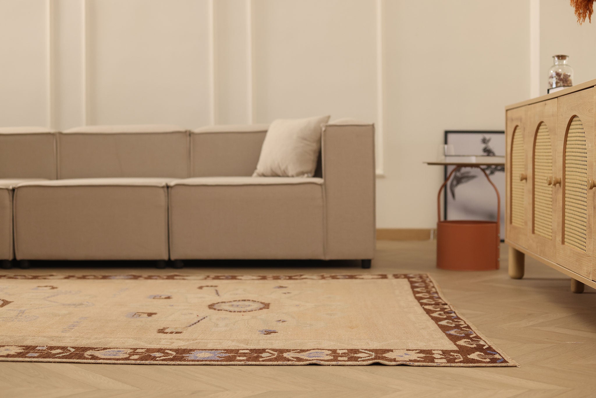 Vintage Malatya Turkish Runner Rug 5x10 ft — Beige & Brown Floral