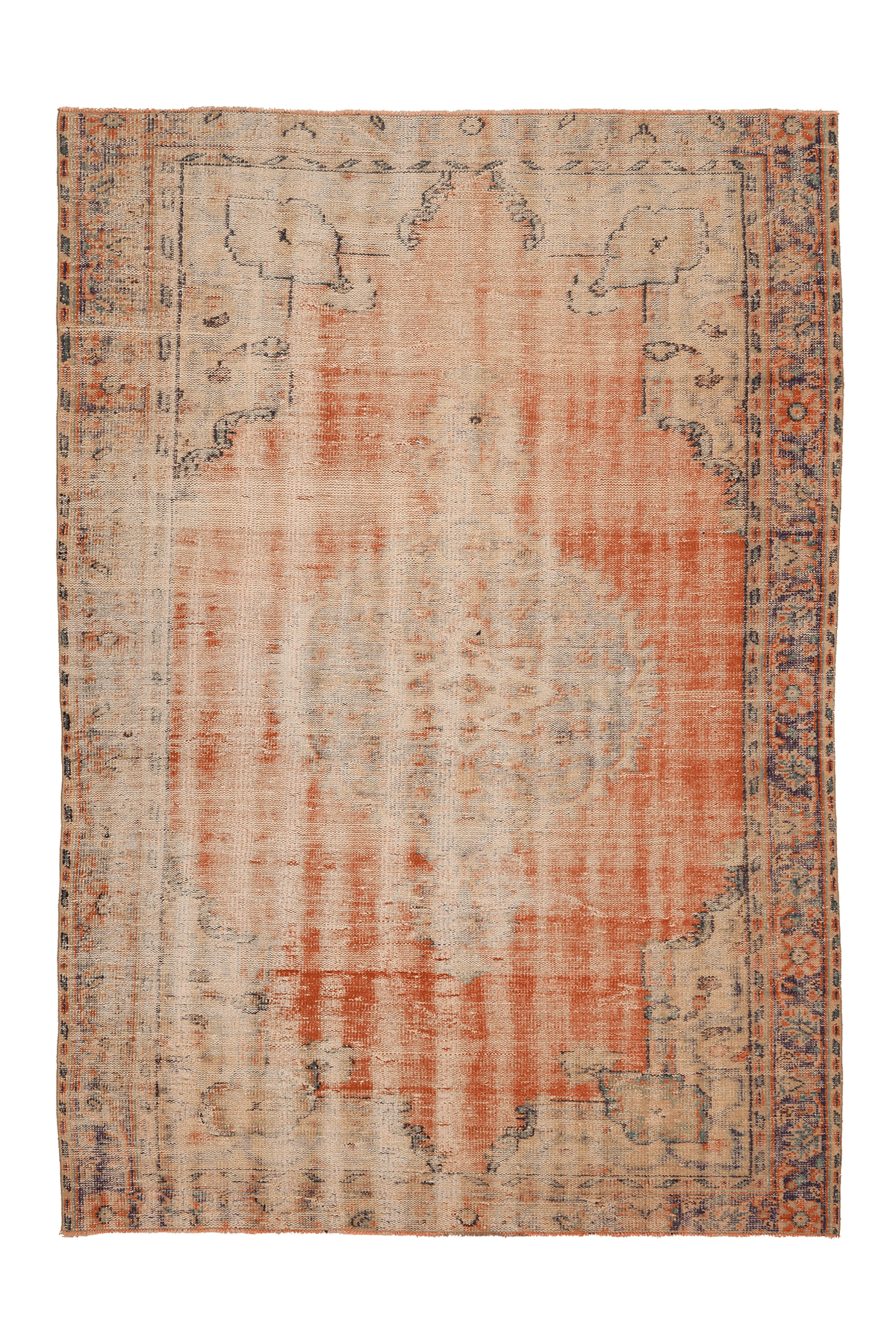 Vintage Manisa Turkish Area Rug 6x9 ft — Orange & Beige Distressed (No. 62105)