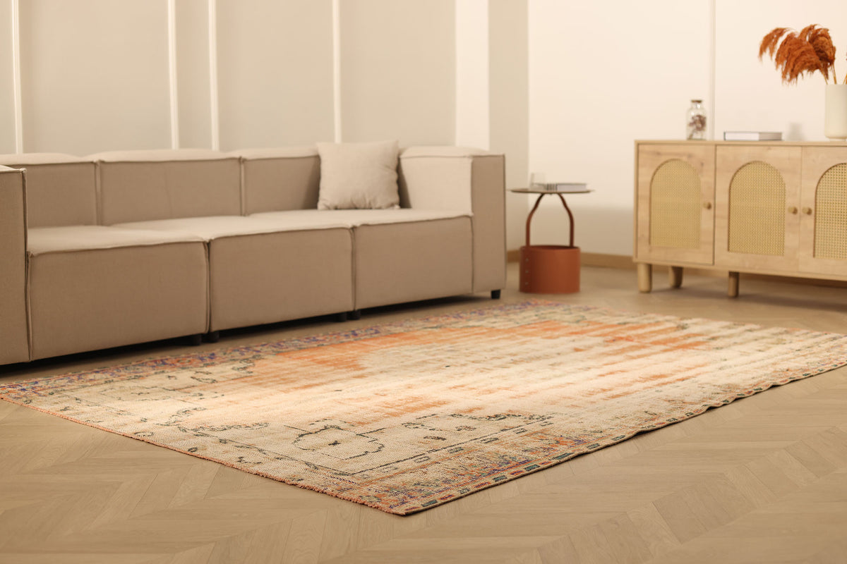 Vintage Manisa Turkish Area Rug 6x9 ft — Orange & Beige Distressed (No. 62105)