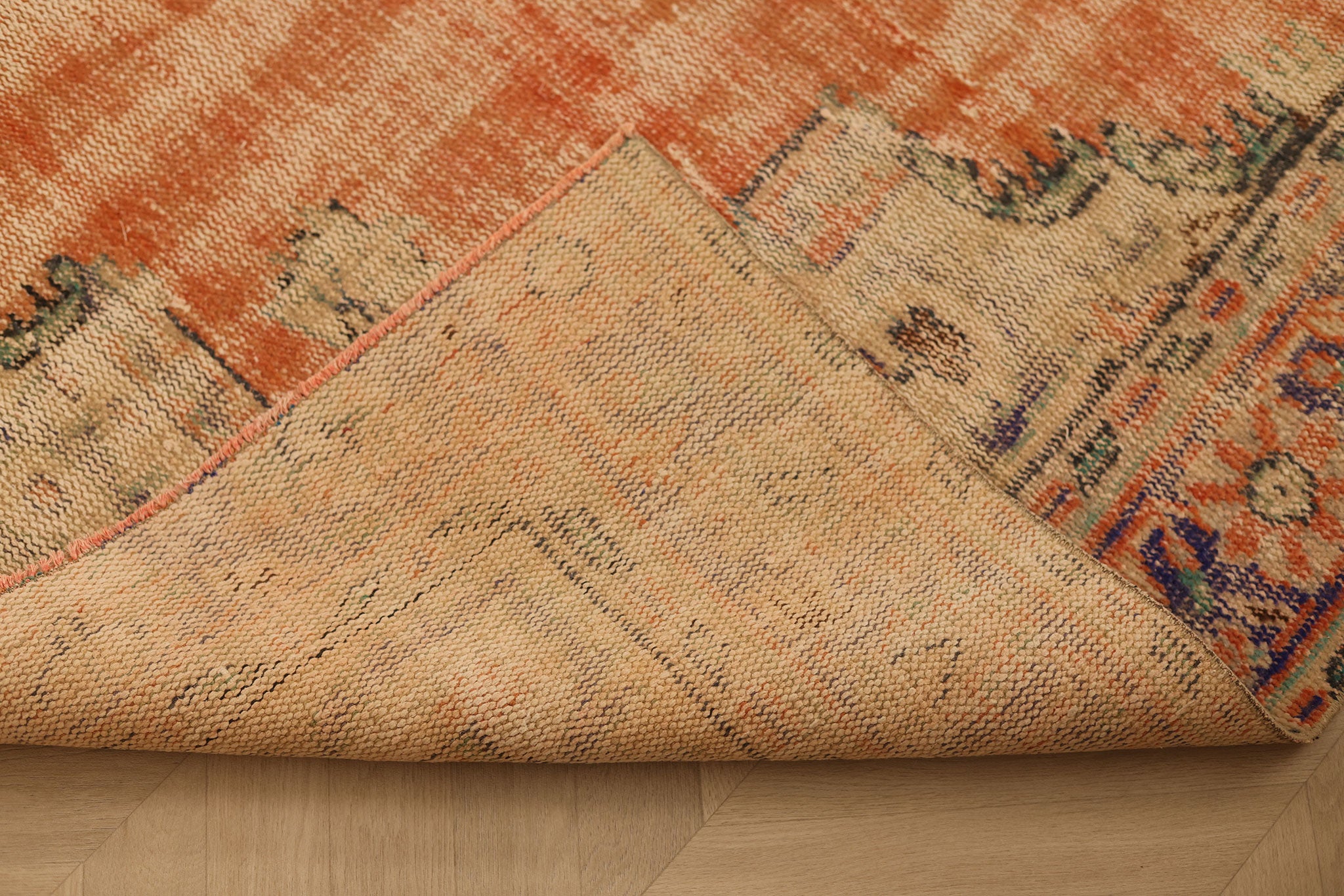 Vintage Manisa Turkish Area Rug 6x9 ft — Orange & Beige Distressed (No. 62105)