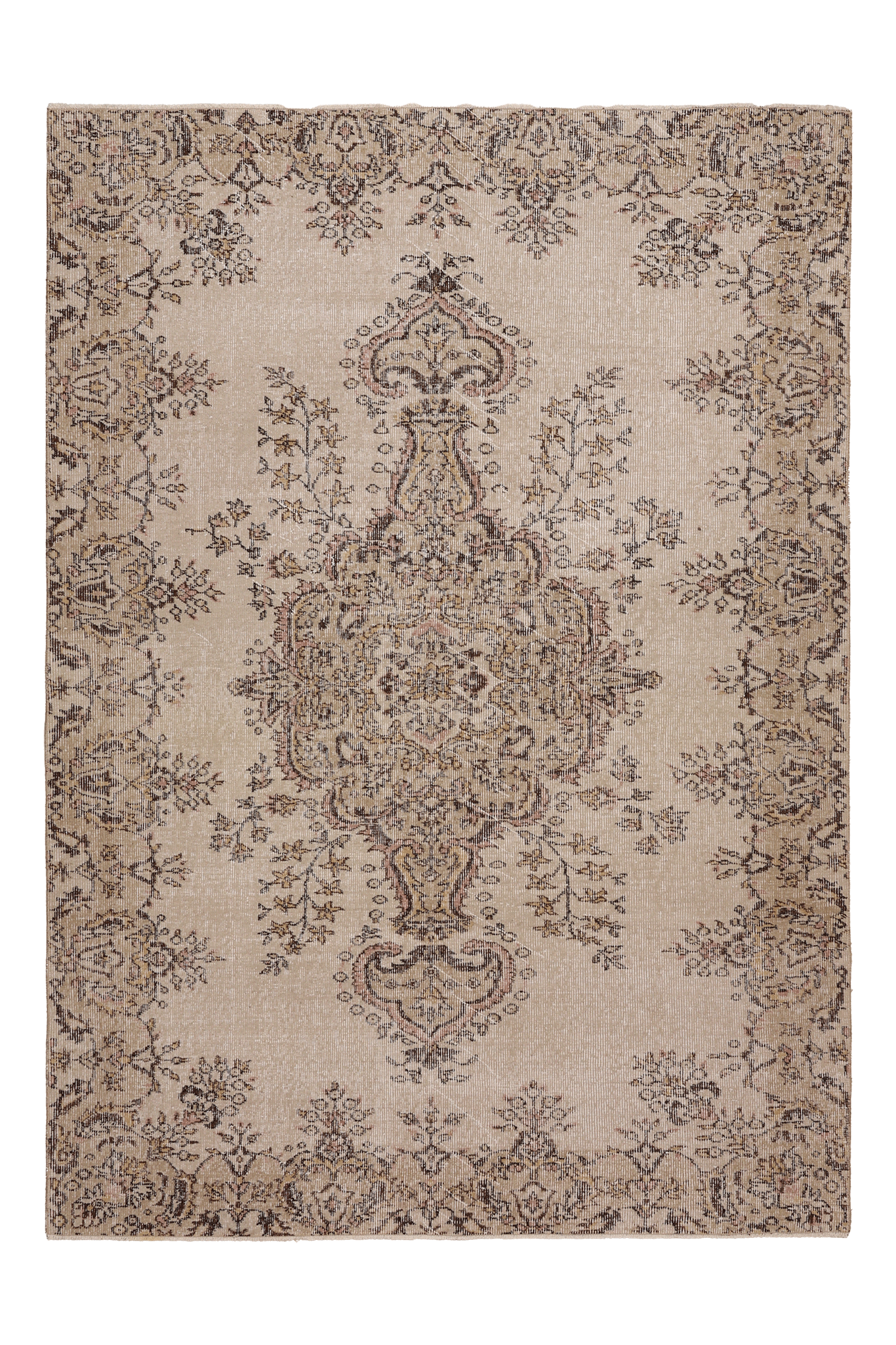 Vintage Isparta Turkish Area Rug 5x7 ft — Beige & Brown Floral