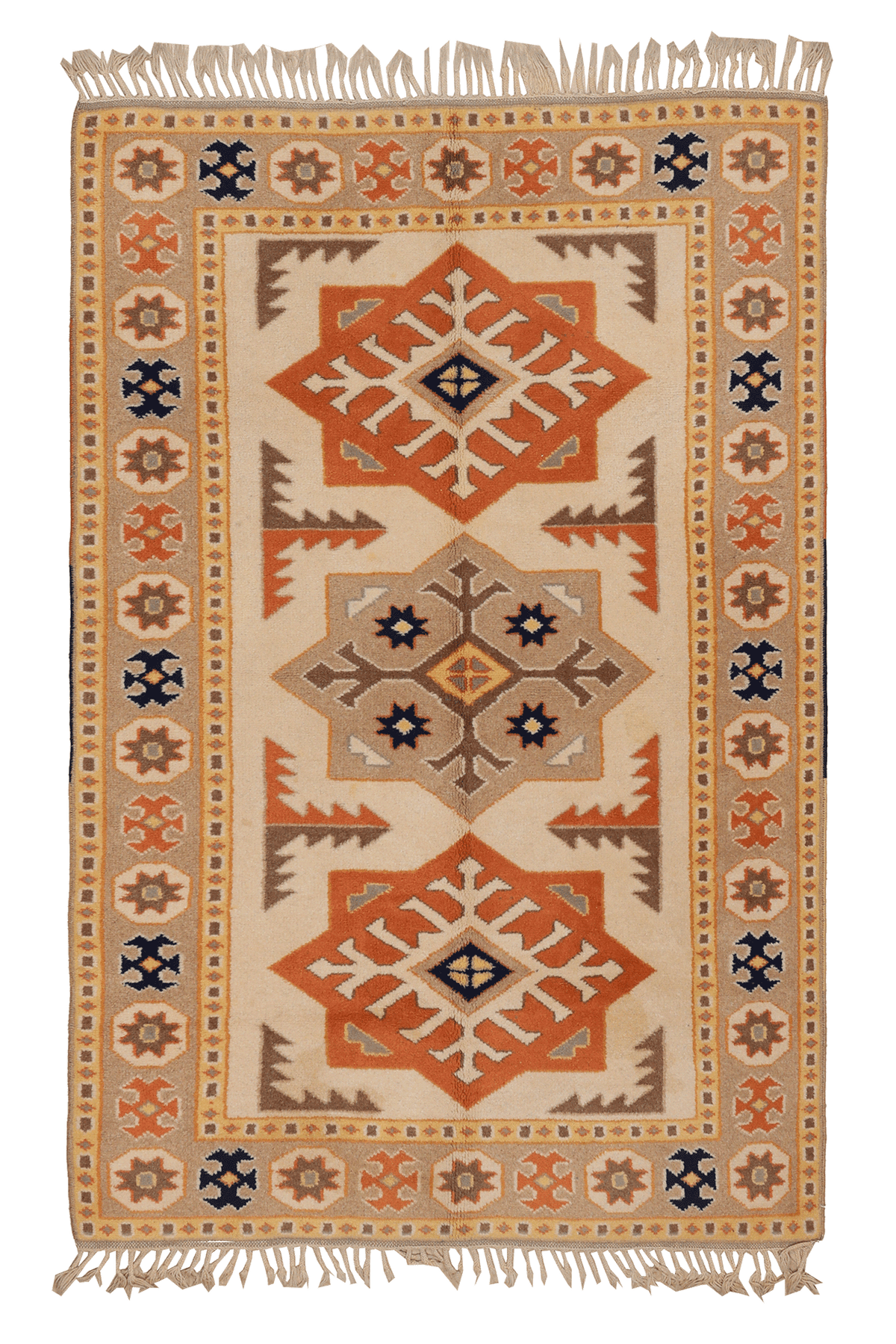 Vintage Muğla Turkish Area Rug 4x6 ft — Beige & Orange Geometric