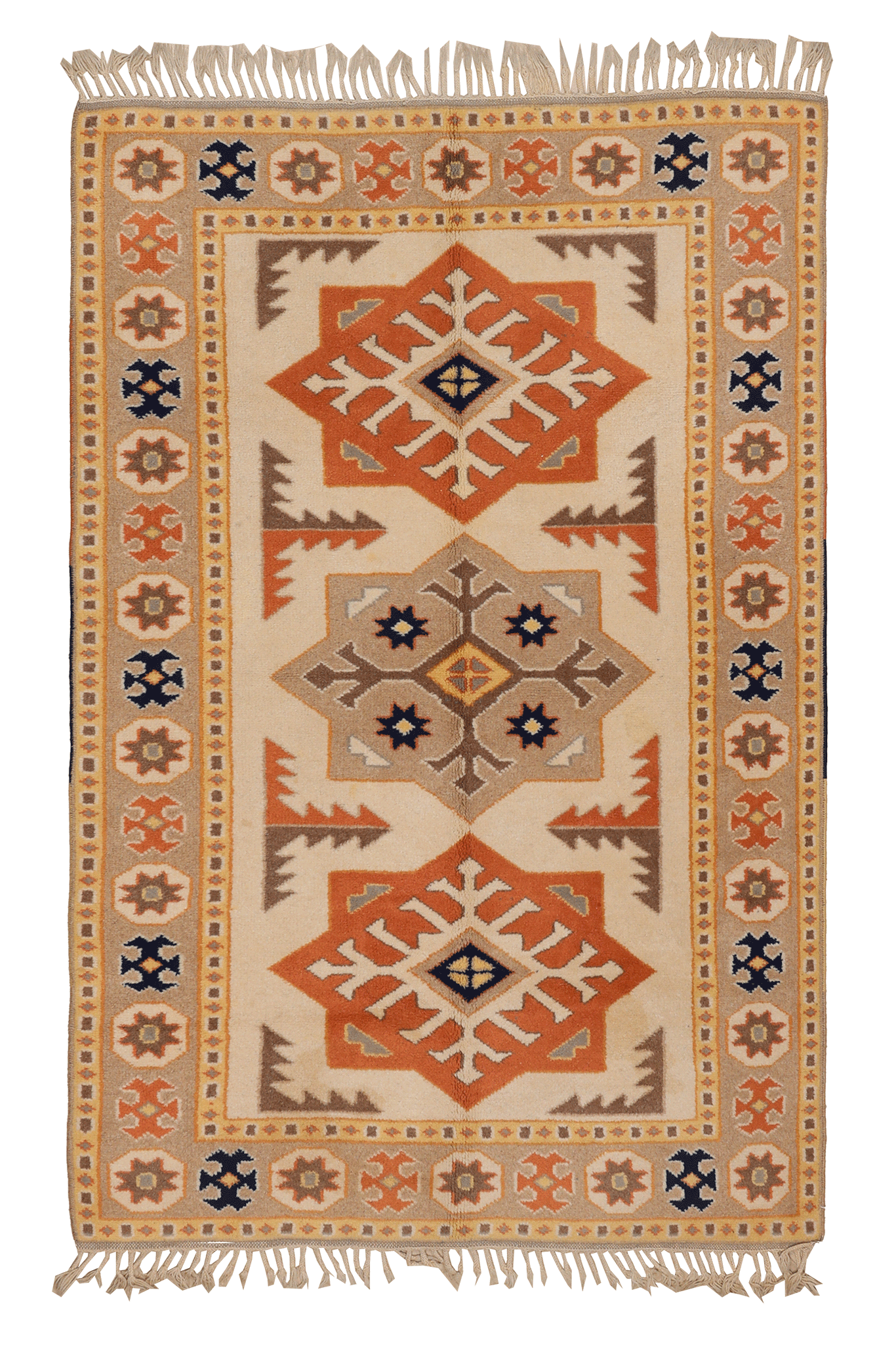 Vintage Muğla Turkish Area Rug 4x6 ft — Beige & Orange Geometric