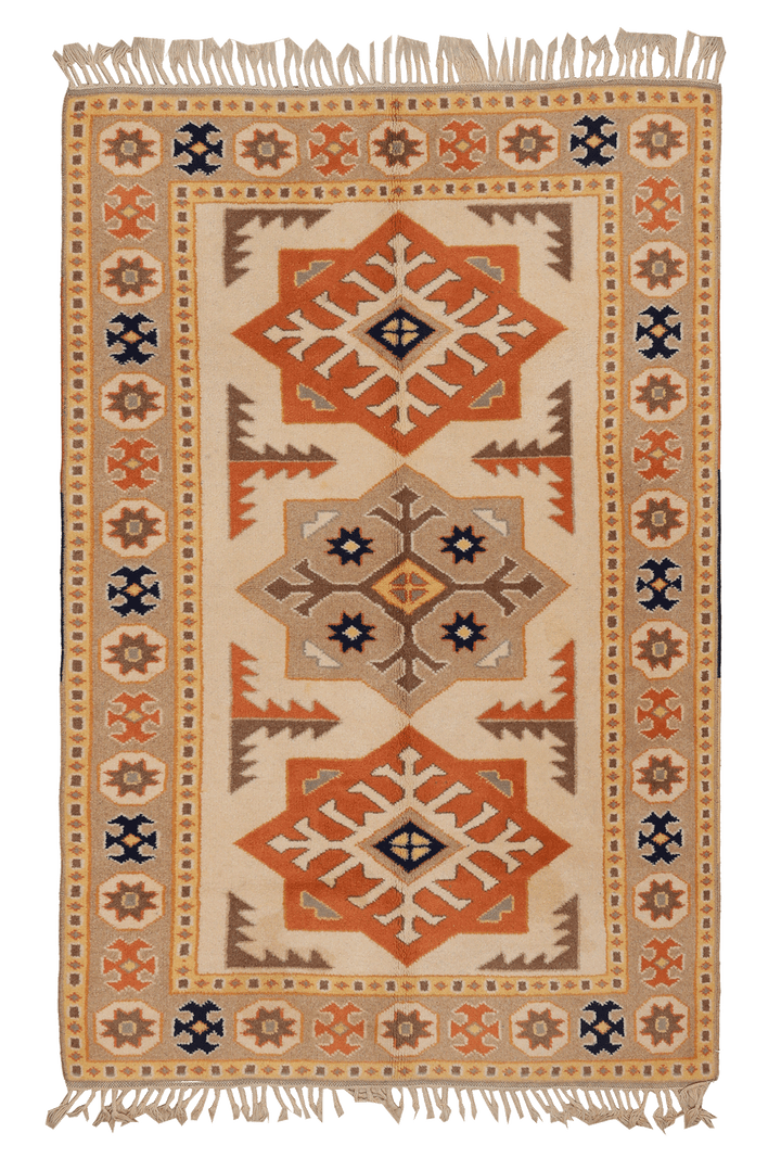 Vintage Muğla Turkish Area Rug 4x6 ft — Beige & Orange Geometric