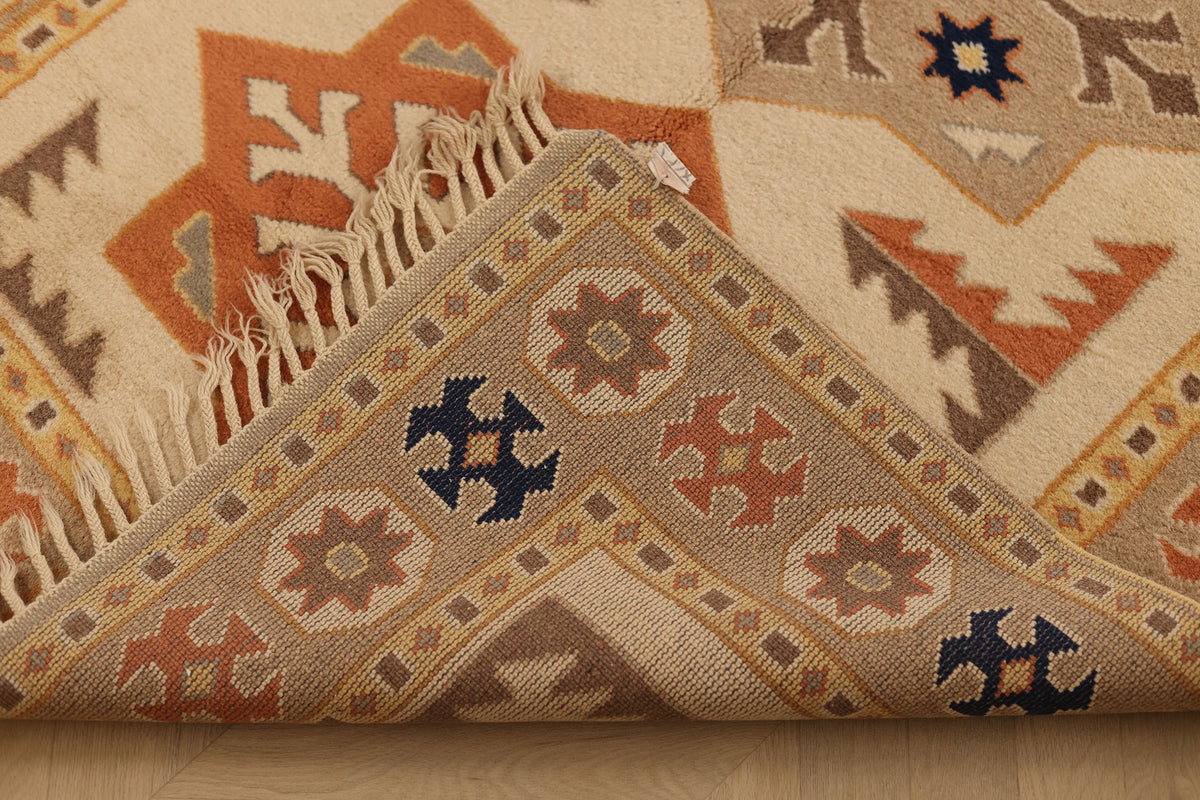 Vintage Muğla Turkish Area Rug 4x6 ft — Beige & Orange Geometric