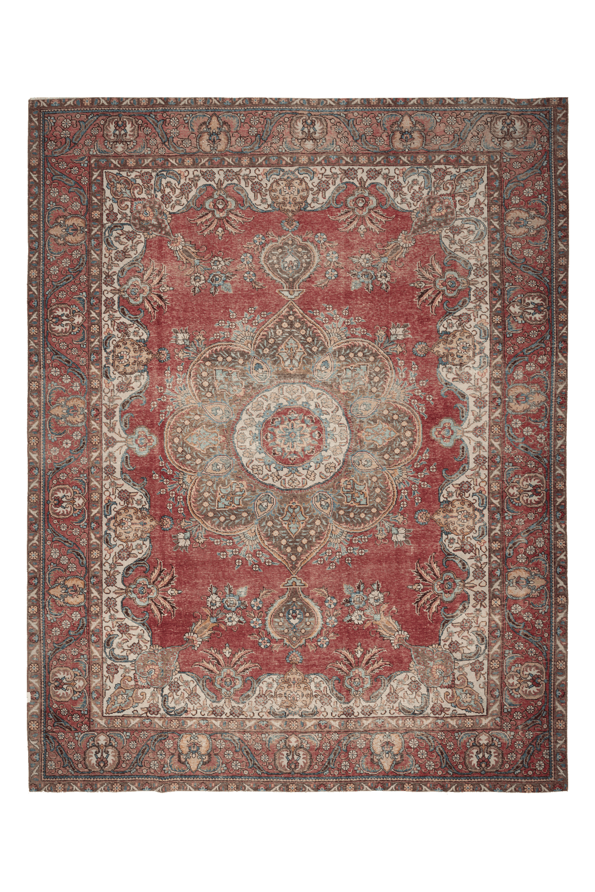 Oversized 9x12 Persian-style wool and cotton area rug featuring a red floral medallion pattern in a traditional bohemian design.