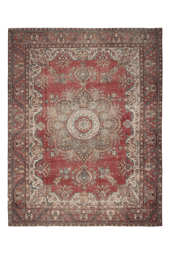 Oversized 9x12 Persian-style wool and cotton area rug featuring a red floral medallion pattern in a traditional bohemian design.