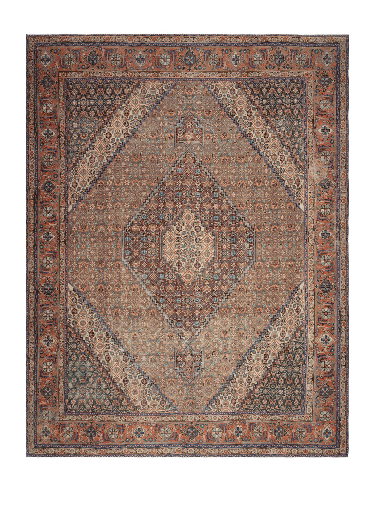 Oversized 9.7x12.5 ft Persian-style wool and cotton rug with brown floral motifs and intricate traditional patterns.