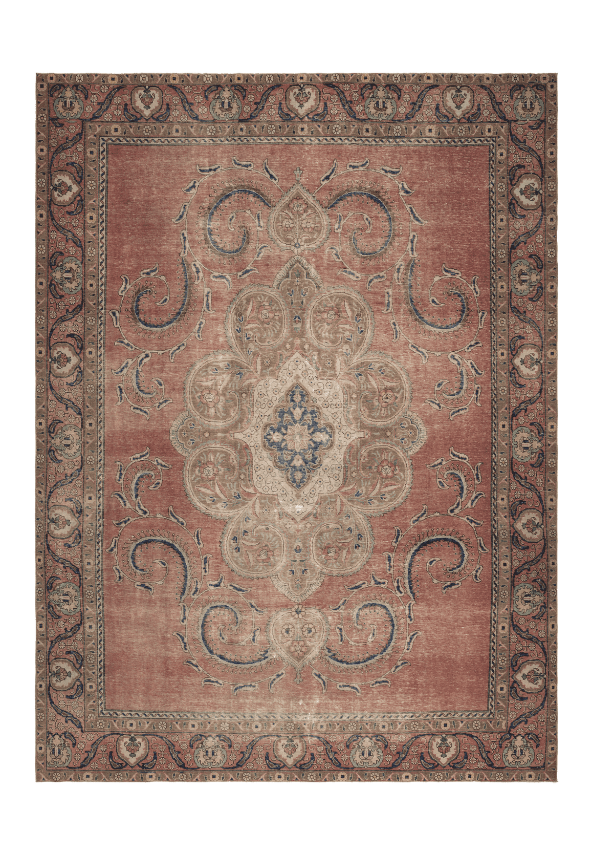 Oversized 9x12 wool and cotton Persian-style rug in brown with traditional floral patterns and a decorative border.