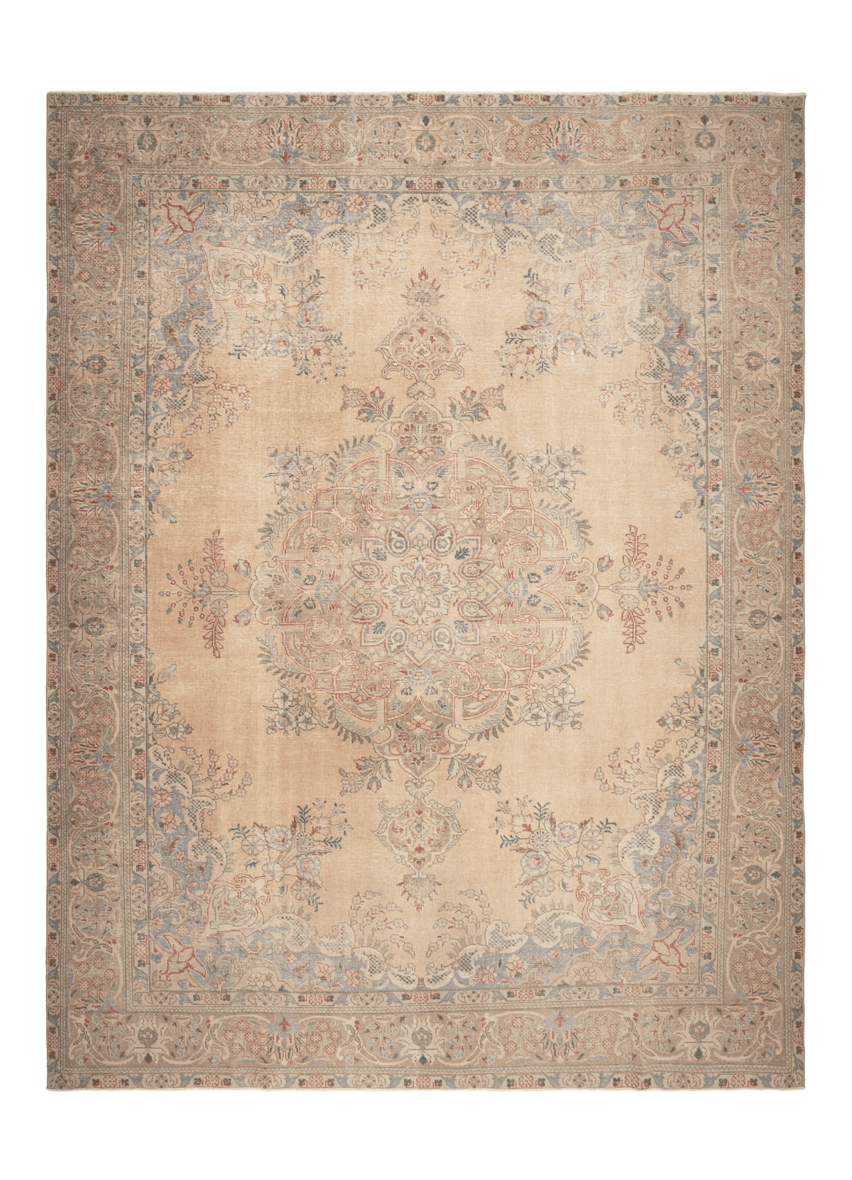 Oversized beige Persian-style wool and cotton rug featuring intricate floral motifs and traditional bohemian patterns.