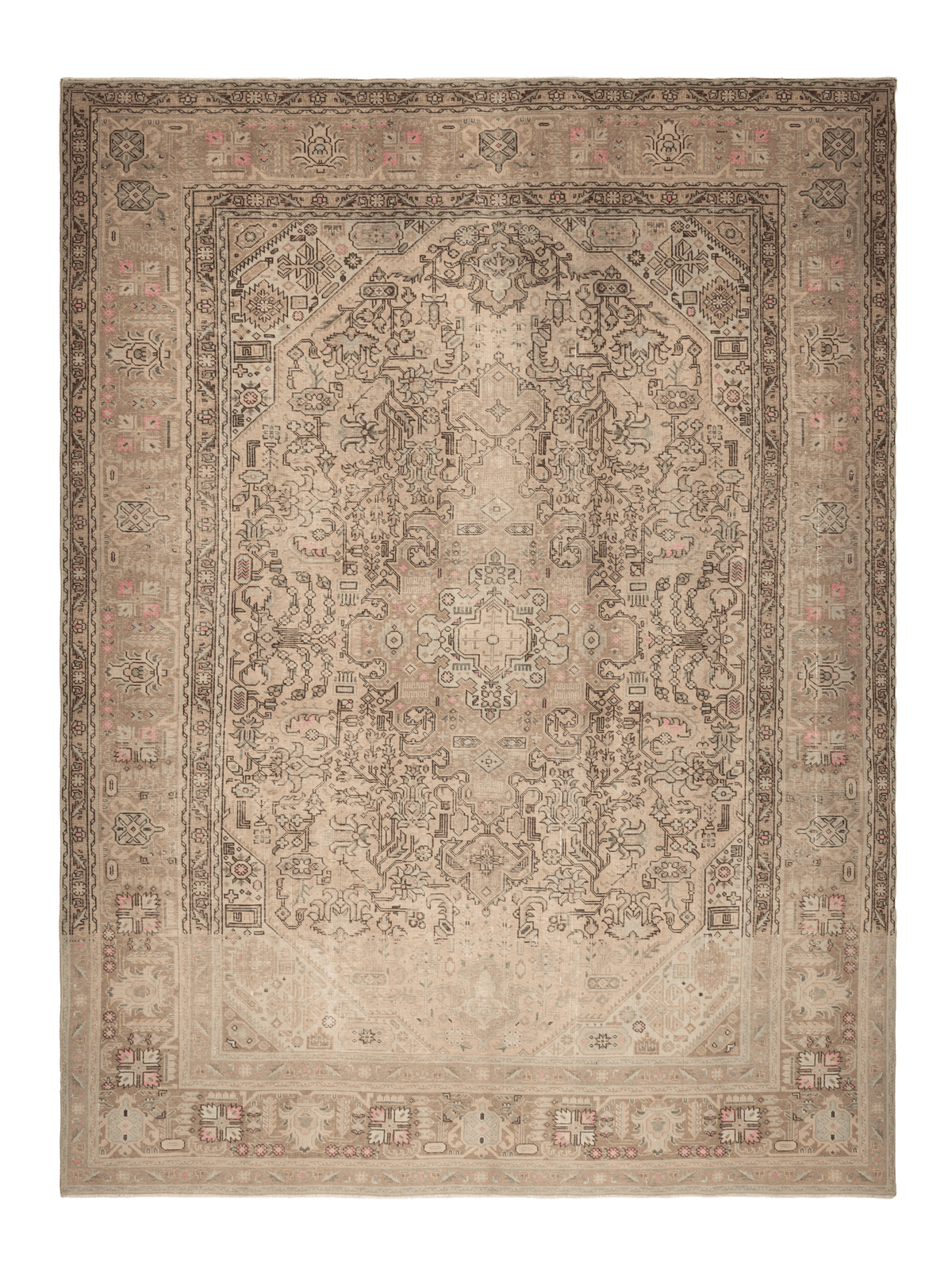 A traditional oriental-style area rug with an intricate floral and geometric pattern in muted beige, brown, and dusty pink tones, shown flat against a white background.
