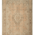 Oversized 8x11 Persian-style wool and cotton rug in beige and brown with traditional floral motifs and a low pile.