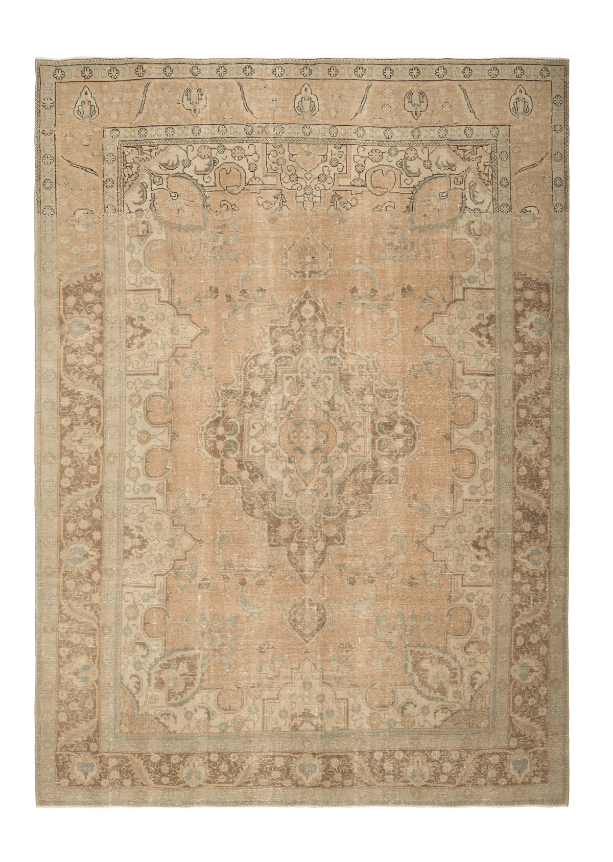 Oversized 8x11 Persian-style wool and cotton rug in beige and brown with traditional floral motifs and a low pile.