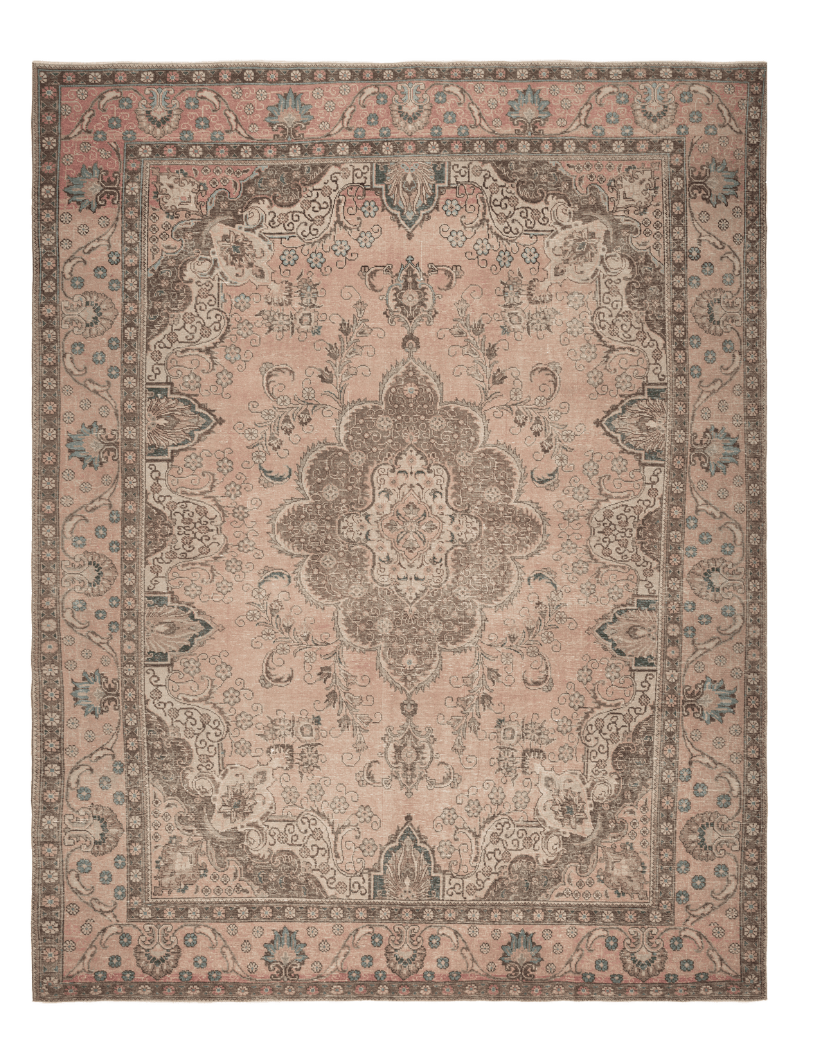 Oversized 9.7x12.4 ft handmade wool and cotton rug with beige floral Persian patterns and traditional farmhouse style.