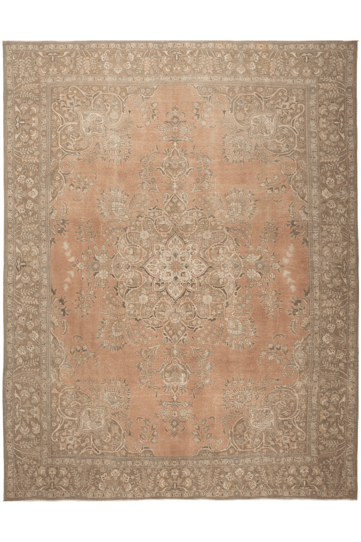 Oversized 9.8x12.8 ft handmade wool and cotton Persian rug in orange and brown with traditional floral patterns.