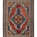 Handmade 7x10 ft Persian-style wool and cotton area rug featuring a red and navy floral maximalist pattern.