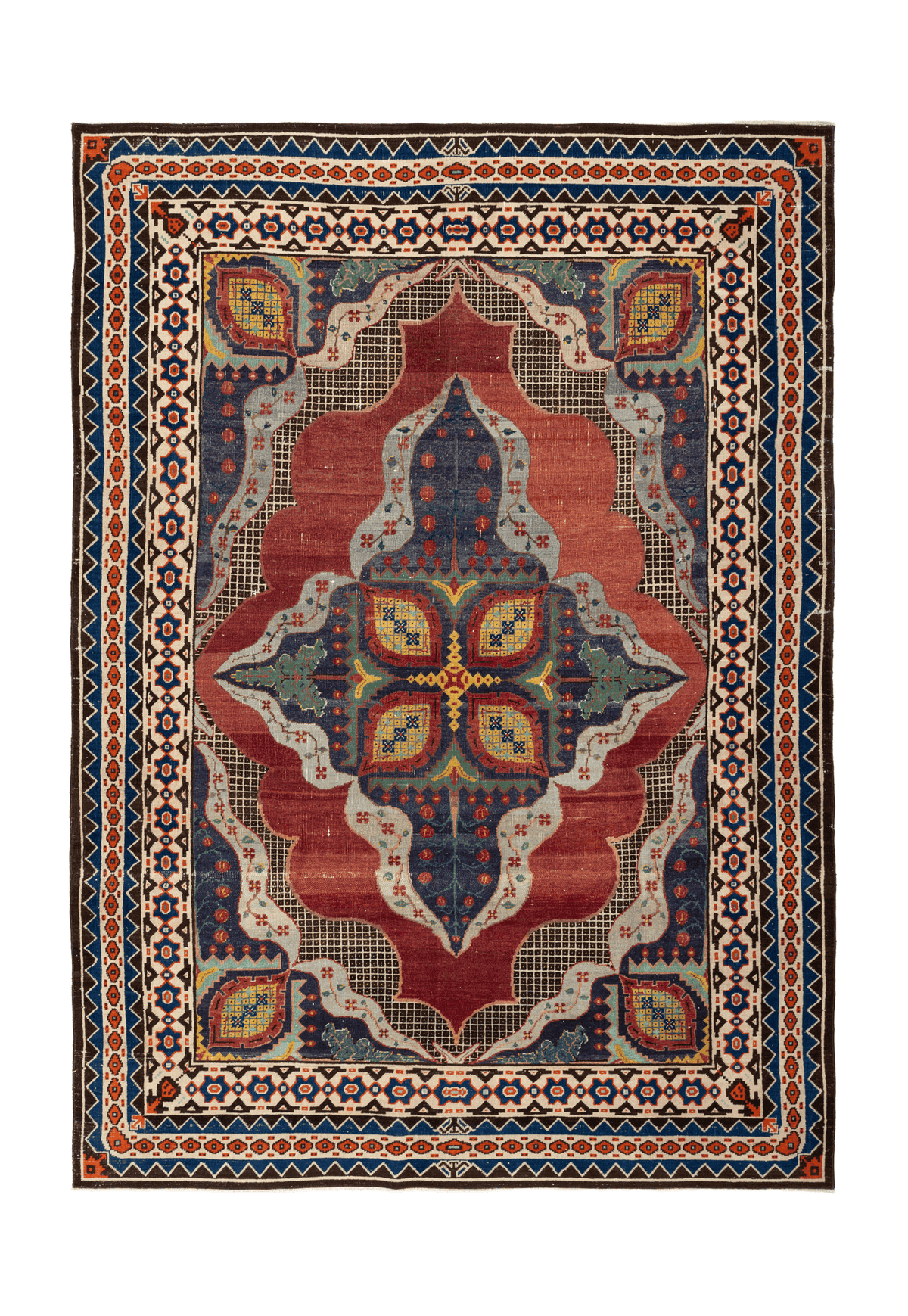 Handmade 7x10 ft Persian-style wool and cotton area rug featuring a red and navy floral maximalist pattern.