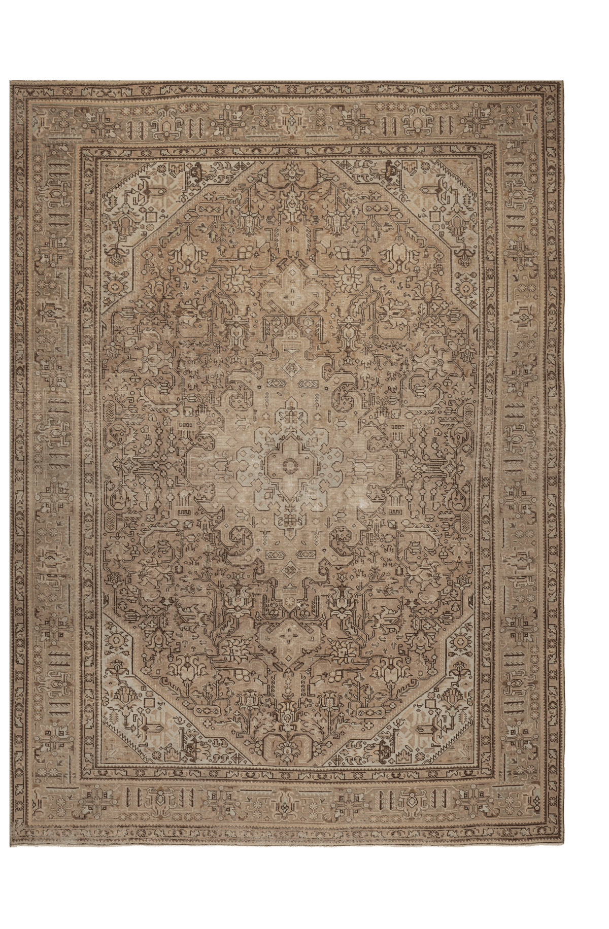 Oversized 7.9x11 ft handmade wool and cotton Persian rug in brown and beige with traditional floral motifs.