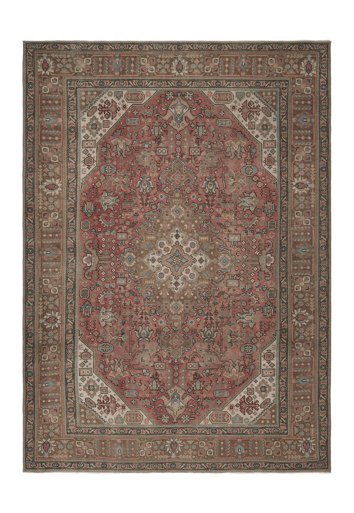 Oversized 7.7x11 ft Persian-style wool and cotton rug featuring red and brown floral motifs in a traditional bohemian design.