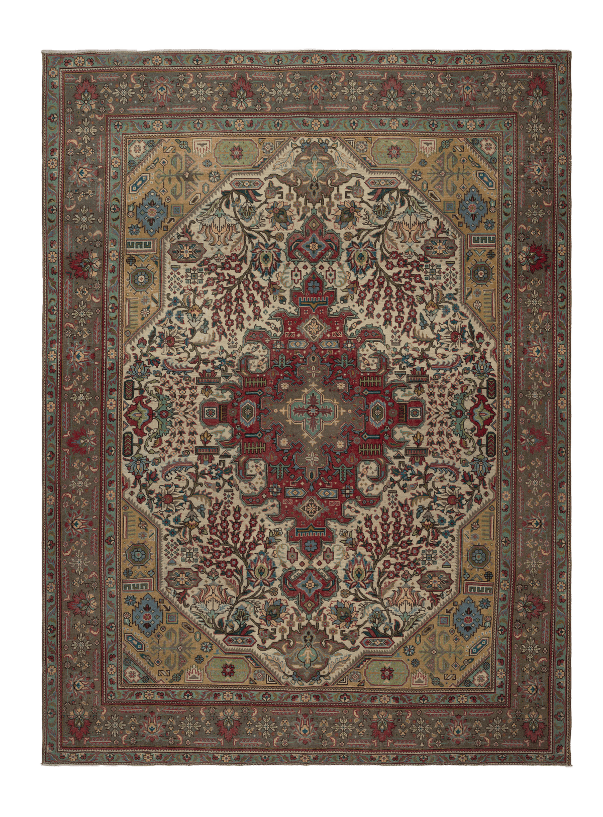 Handmade 7.9x11.2 ft wool and cotton Persian-style area rug featuring a red and white floral maximalist pattern.