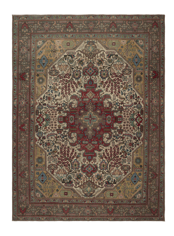 Handmade 7.9x11.2 ft wool and cotton Persian-style area rug featuring a red and white floral maximalist pattern.
