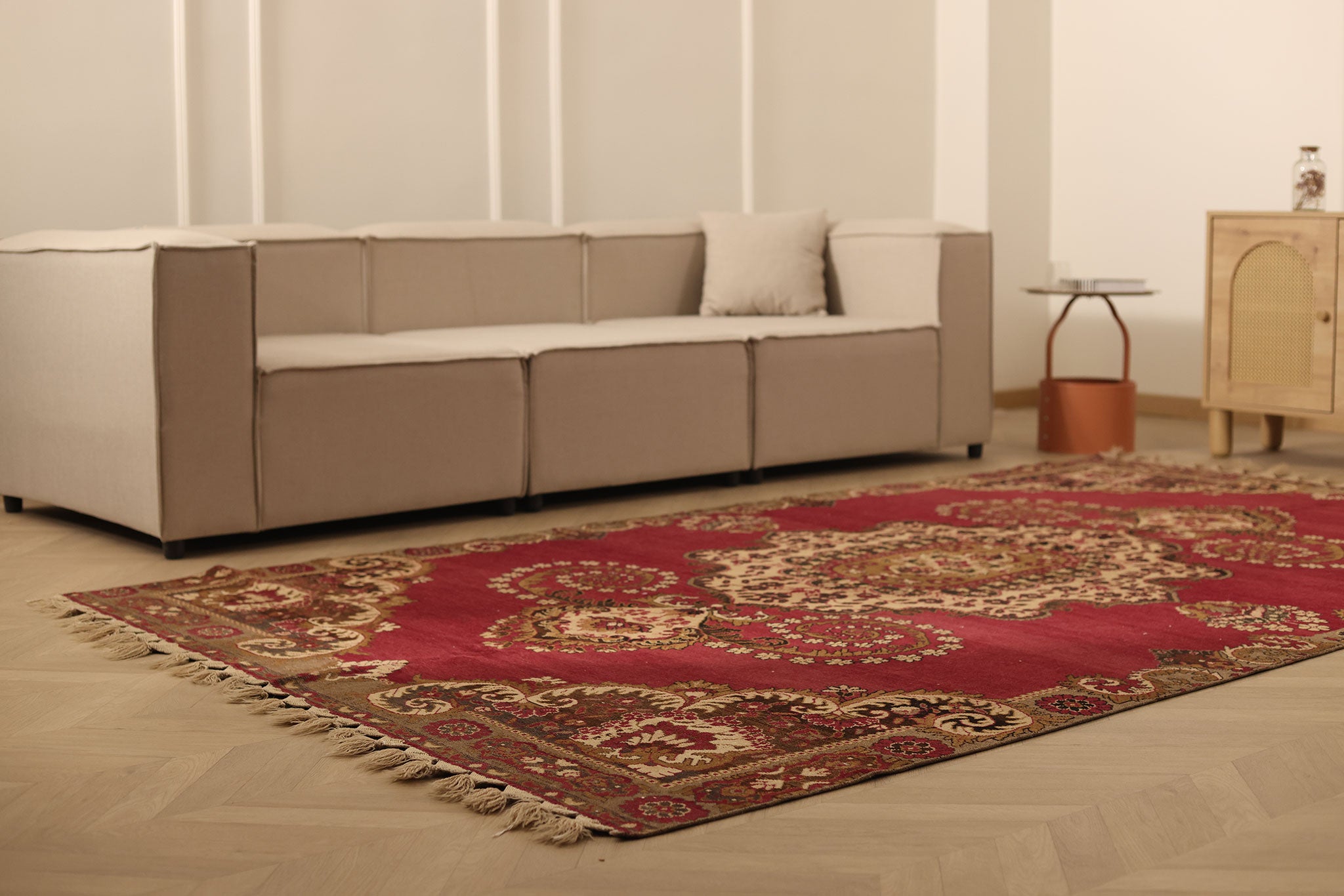 Vintage Sivas Turkish Area Rug 6x10 ft — Red & Beige Floral