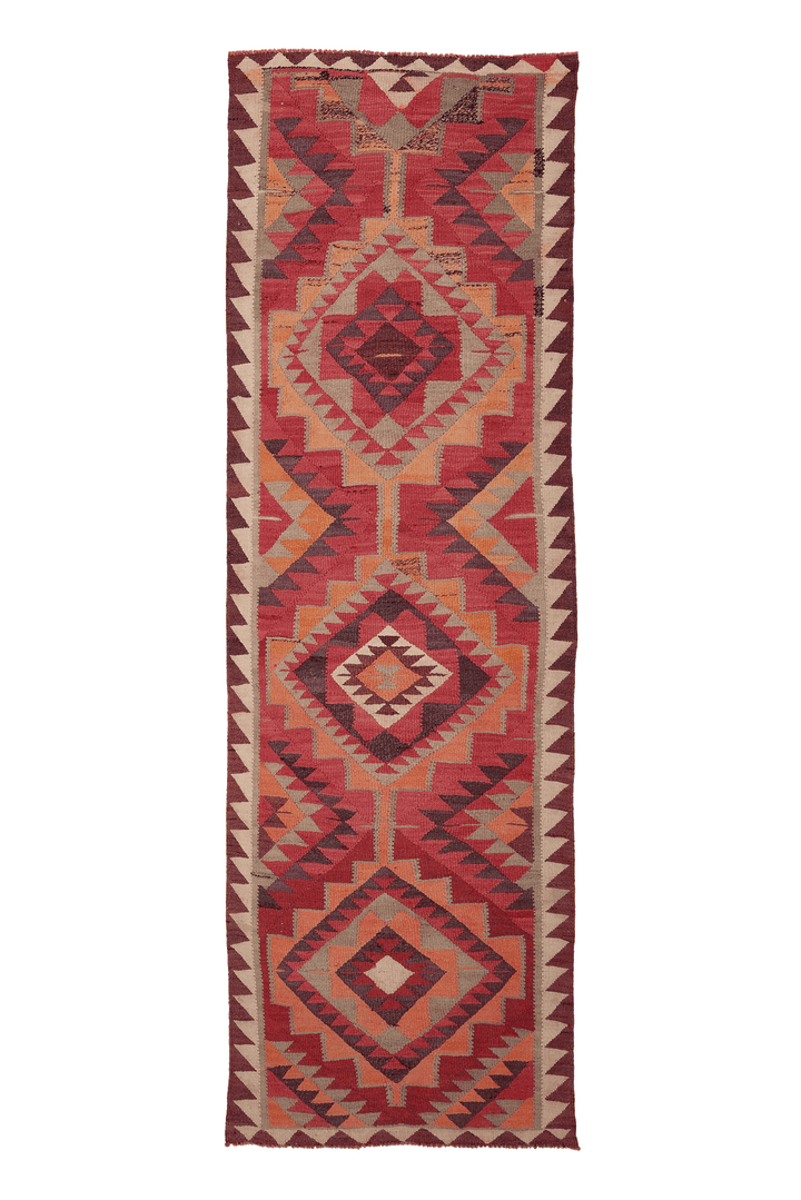 Vintage Southeastern Persian Style Kilim Runner Rug 3x11 ft — Red & Orange Geometric