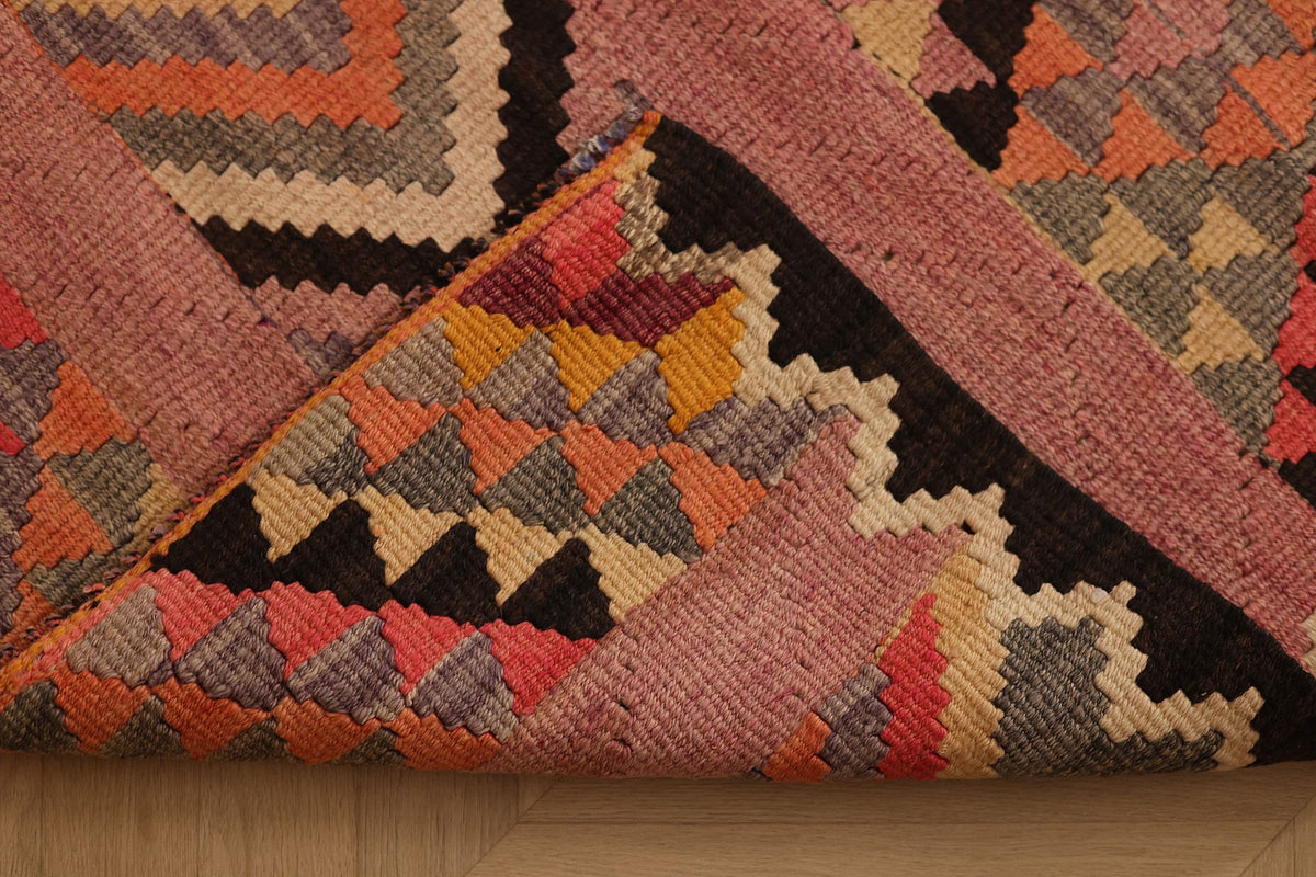 Vintage Southeastern Patchwork Runner Rug 3x11 ft — Pink & Brown Geometric