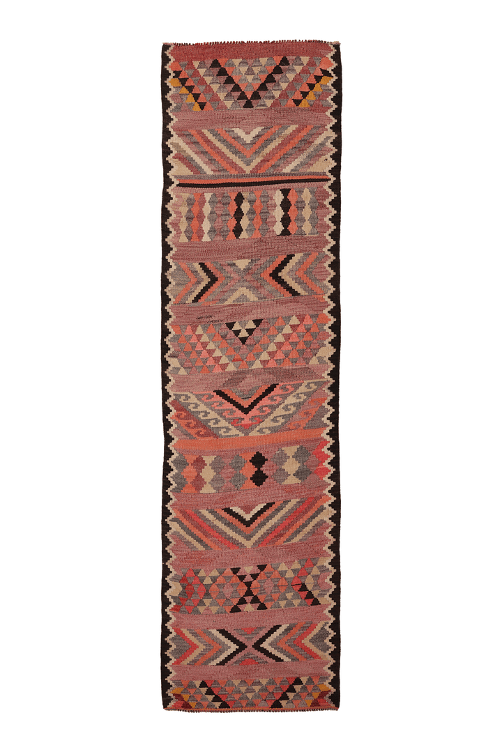 Vintage Southeastern Patchwork Runner Rug 3x11 ft — Pink & Brown Geometric