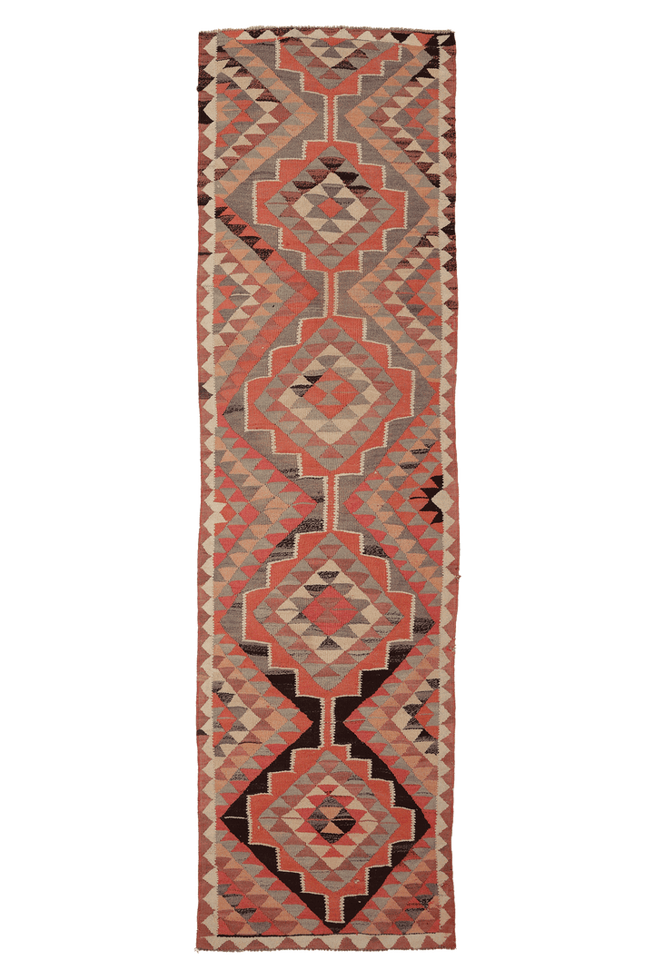 Vintage Southeastern Persian Style Kilim Runner Rug 3x12 ft — Orange & Gray Geometric