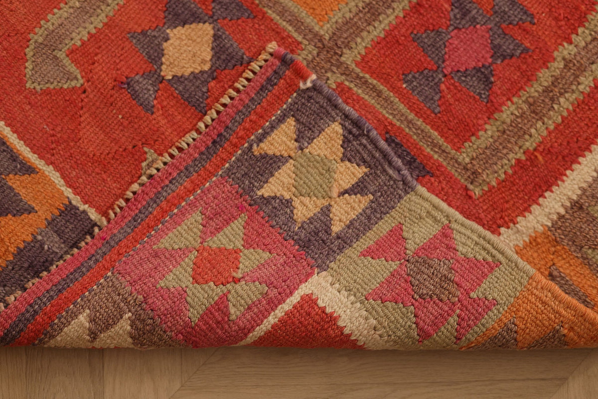 Vintage Southeastern Persian Style Kilim Runner Rug 3x10 ft — Red & Orange Geometric