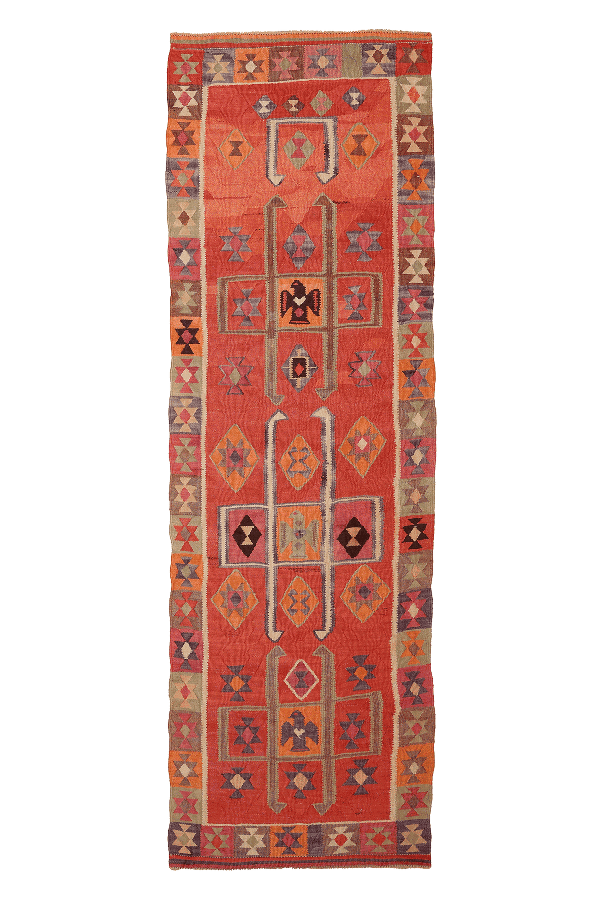 Vintage Southeastern Persian Style Kilim Runner Rug 3x10 ft — Red & Orange Geometric