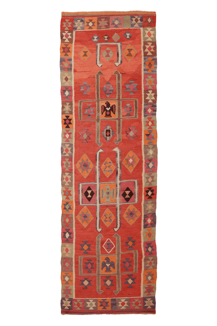 Vintage Southeastern Persian Style Kilim Runner Rug 3x10 ft — Red & Orange Geometric