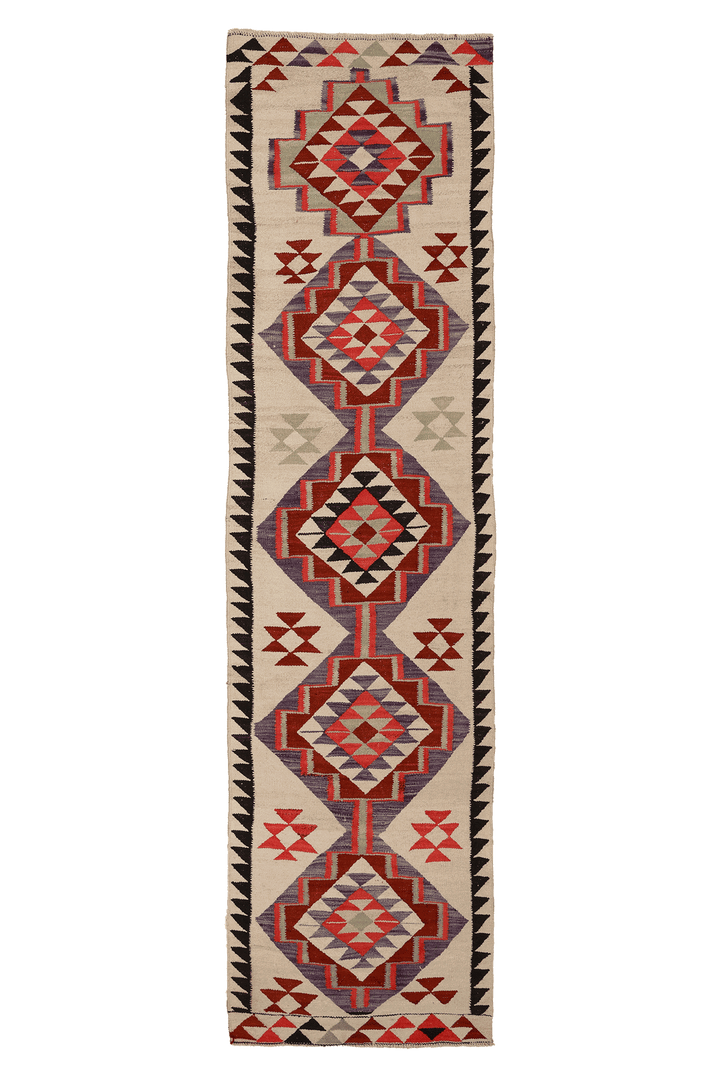 Vintage Southeastern Persian Style Kilim Runner Rug 3x11 ft — Beige & Red Geometric