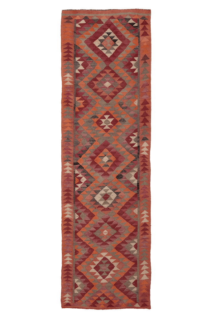 Vintage Southeastern Persian Style Kilim Runner Rug 3x11 ft — Red & Orange Geometric