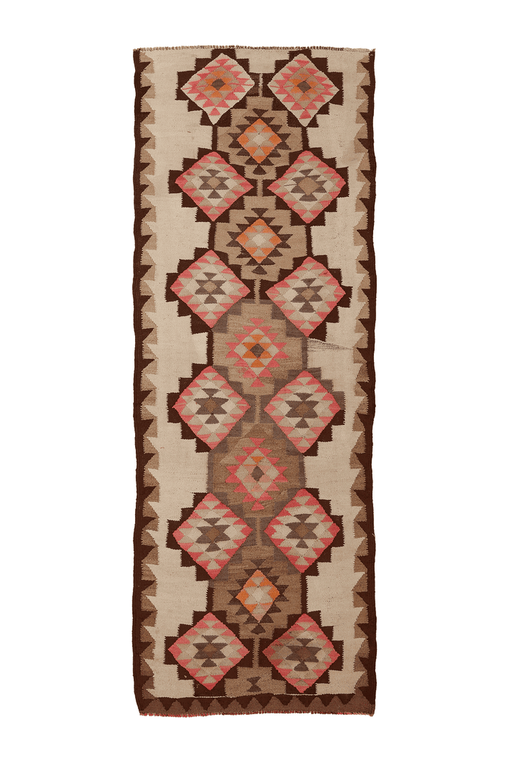 Vintage Southeastern Persian Style Kilim Runner Rug 3x9 ft — Beige & Brown Geometric