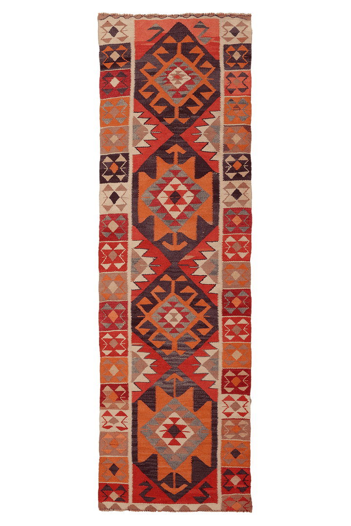 Vintage Southeastern Persian Style Kilim Runner Rug 3x10 ft — Orange & Red Geometric