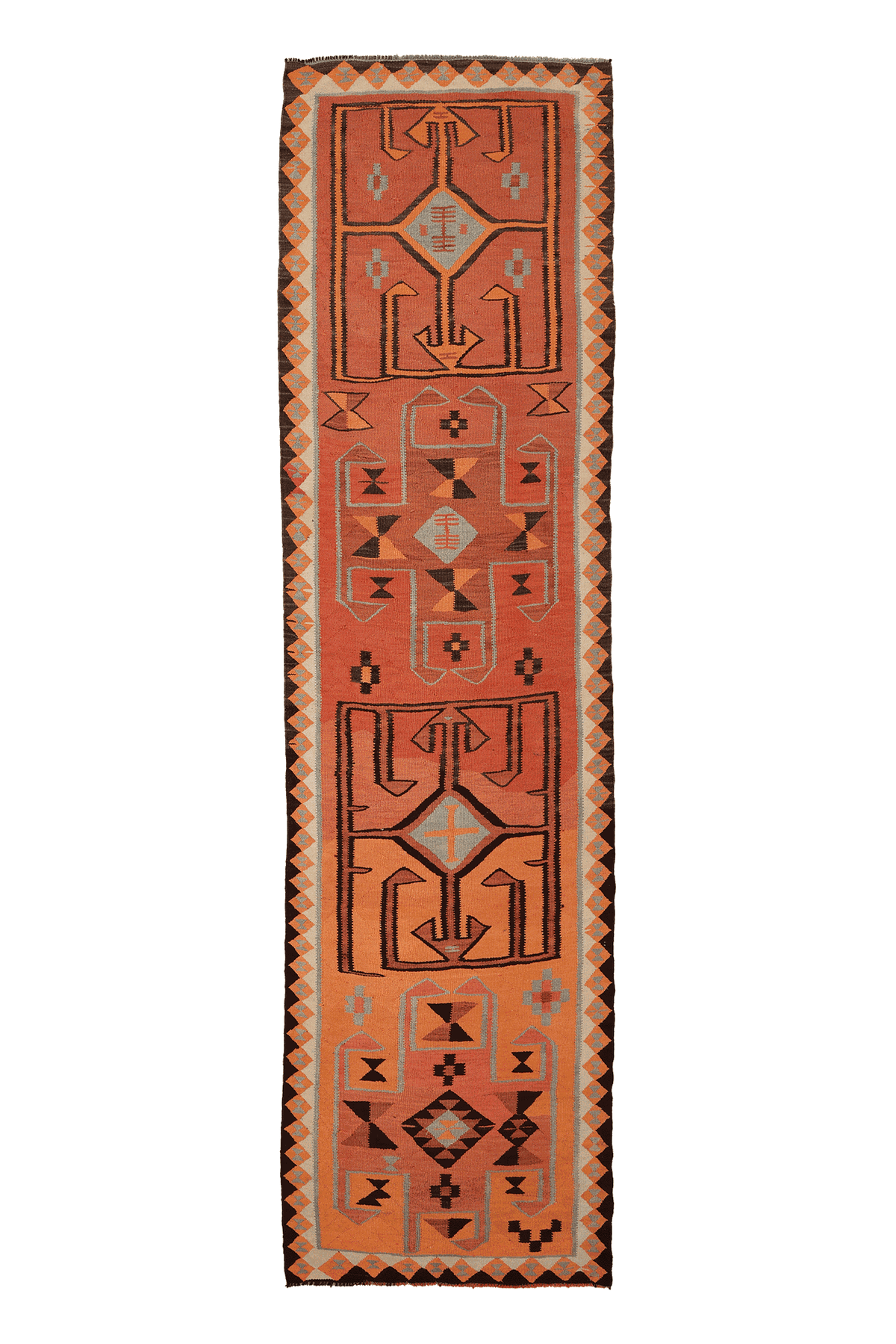 Vintage Southeastern Persian Style Kilim Runner Rug 3x12 ft — Orange & Red Geometric