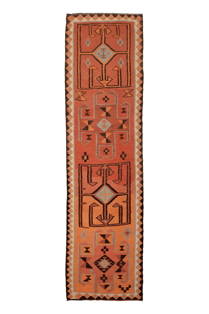 Vintage Southeastern Persian Style Kilim Runner Rug 3x12 ft — Orange & Red Geometric