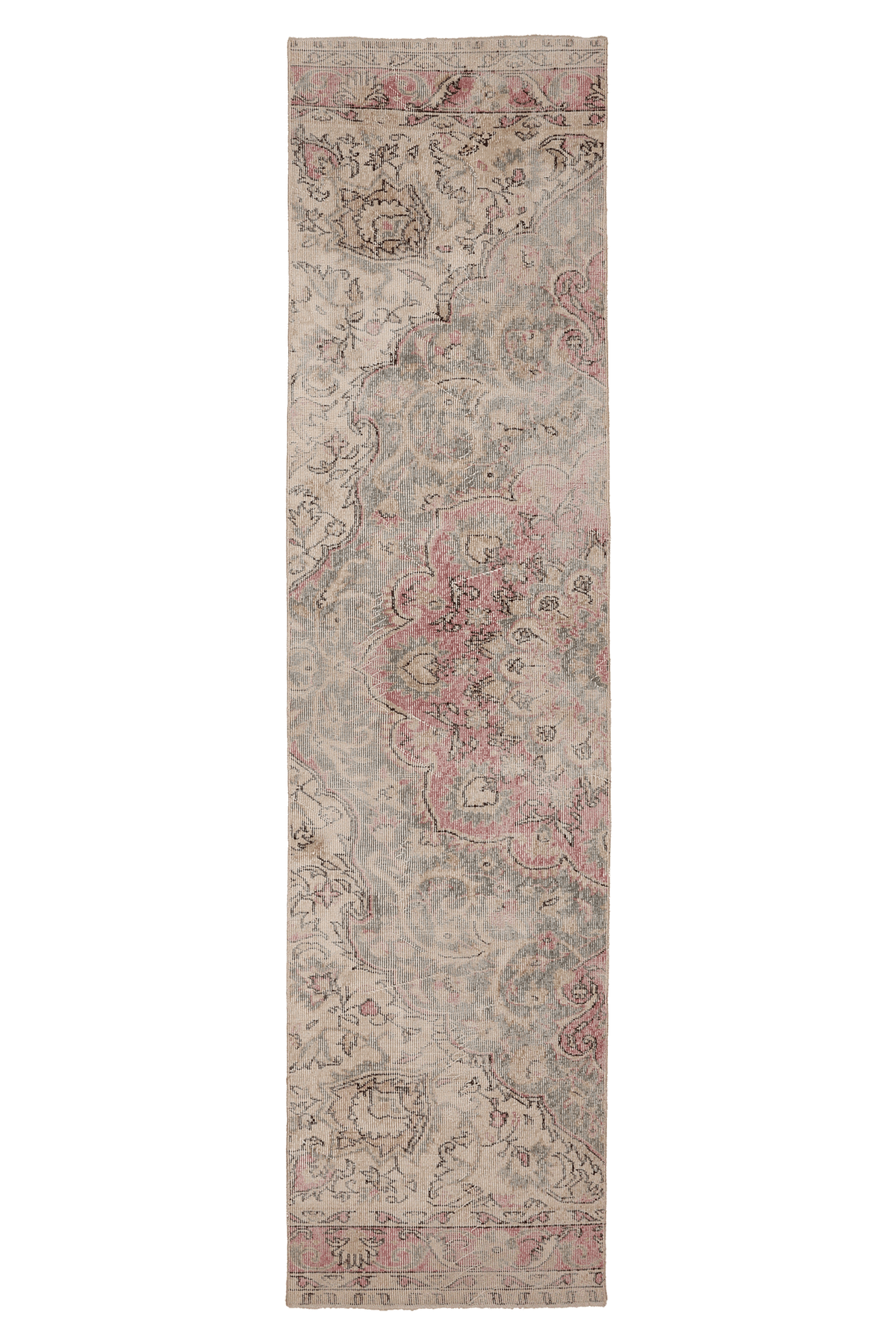 Vintage Isparta Turkish Runner Rug 2x10 ft — Green & Pink Geometric