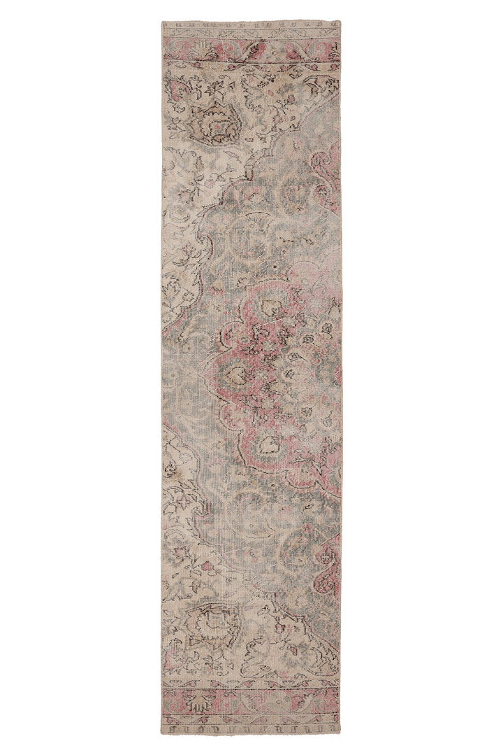 Vintage Isparta Turkish Runner Rug 2x10 ft — Green & Pink Geometric