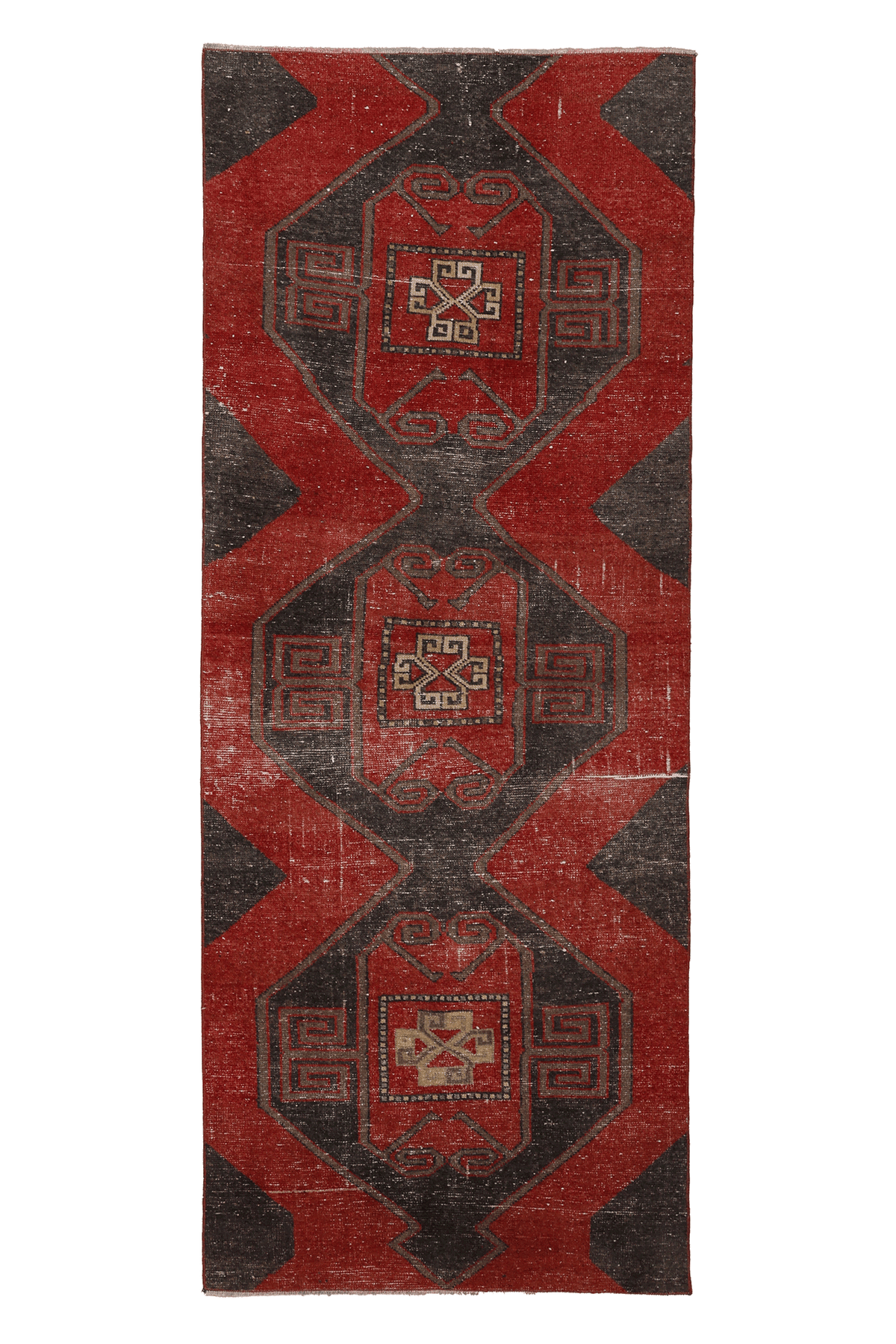Vintage Malatya Turkish Runner Rug 3x8 ft — Red & Brown Geometric