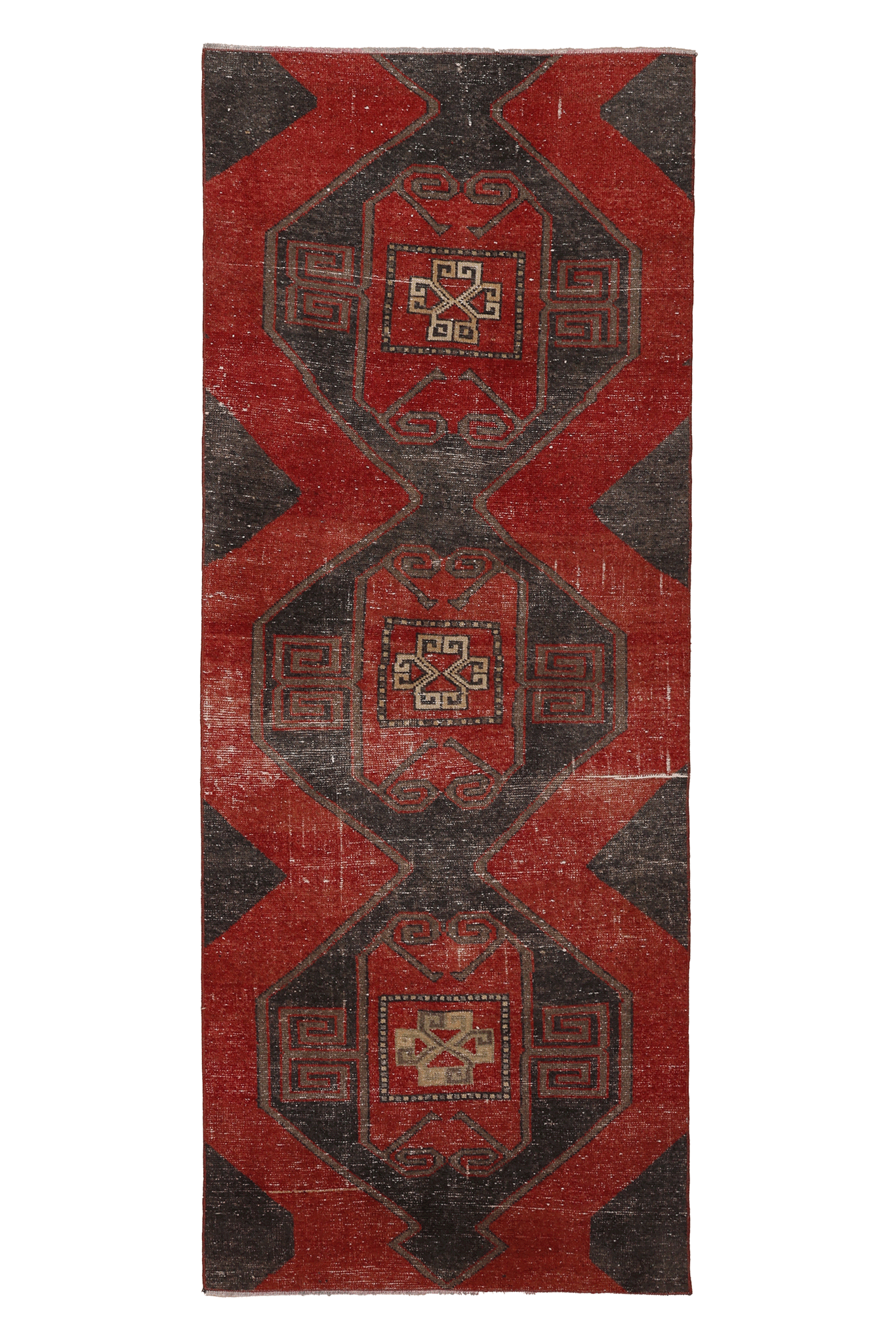 Vintage Malatya Turkish Runner Rug 3x8 ft — Red & Brown Geometric
