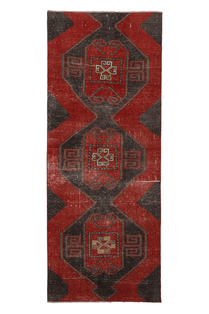 Vintage Malatya Turkish Runner Rug 3x8 ft — Red & Brown Geometric