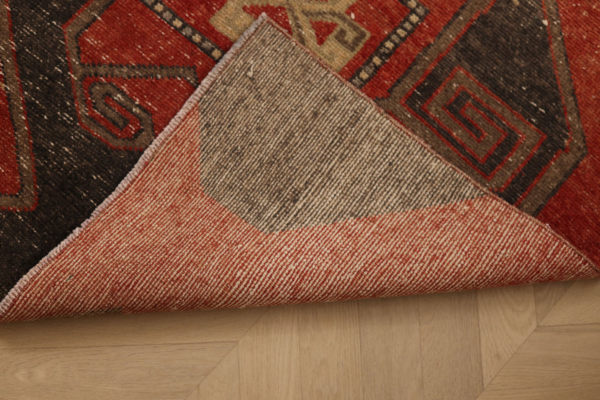 Vintage Malatya Turkish Runner Rug 3x8 ft — Red & Brown Geometric
